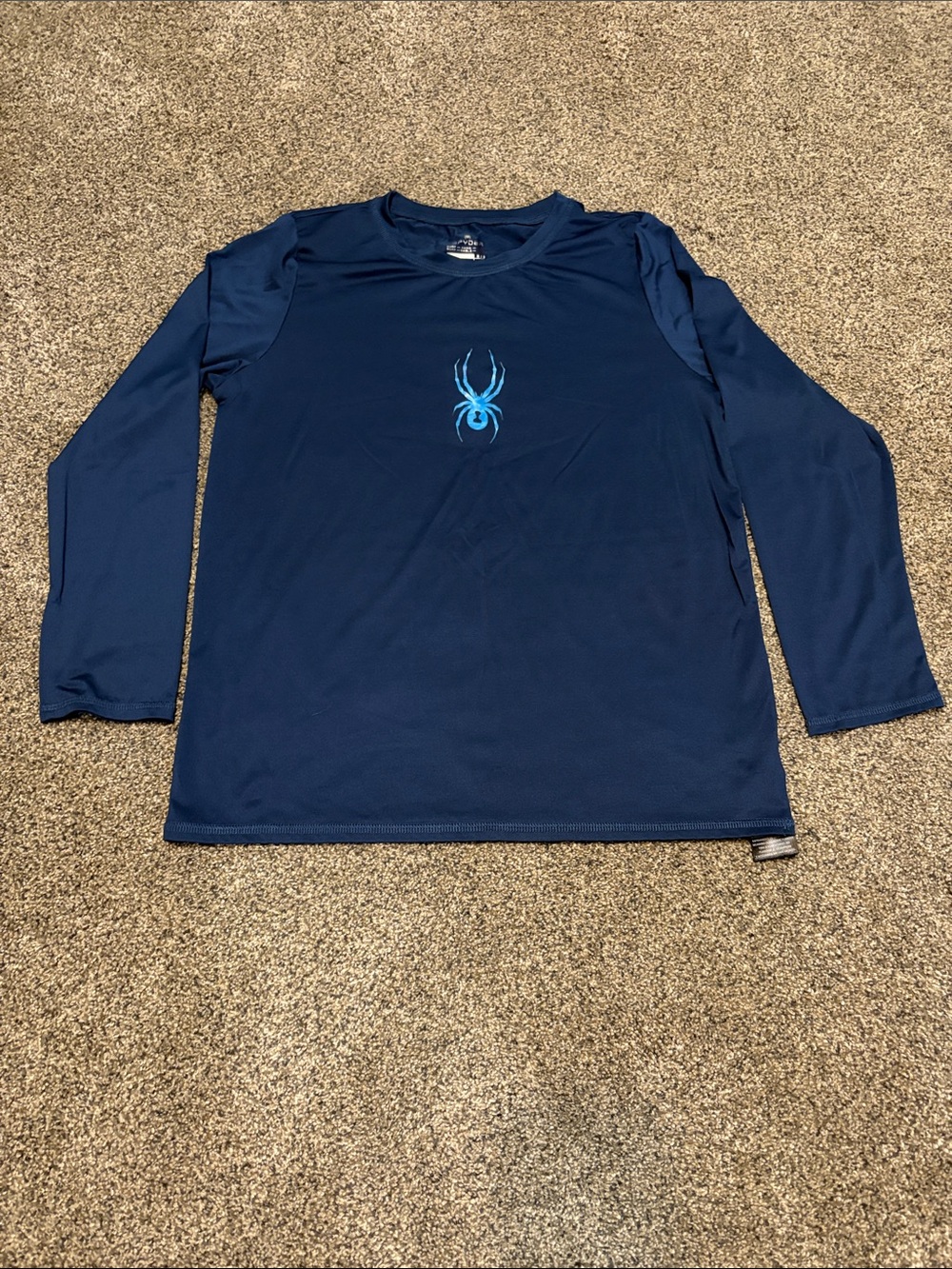 Boys Spyder Navy Long-Sleeve Performance Tee with Light Blue Logo Size XL 14/16